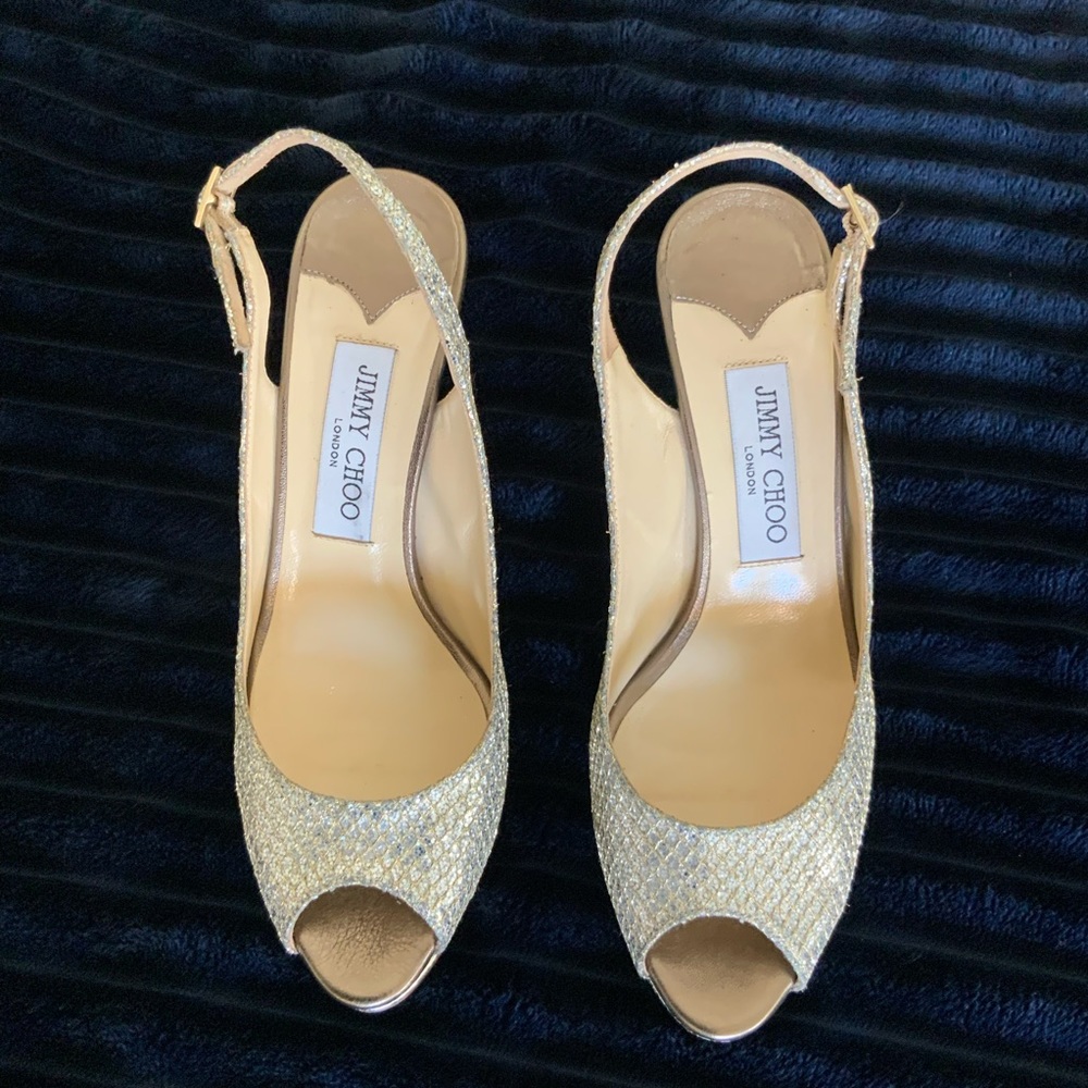 Jimmy Choo Silver and Gold Peep-Toe Slingback Heels